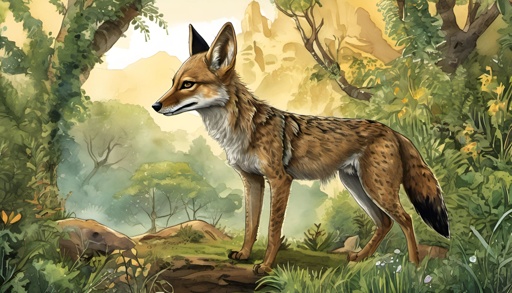 a painting of a coyote standing in the woods