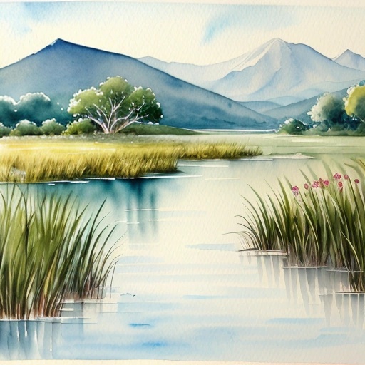 painting of a lake with a mountain in the background