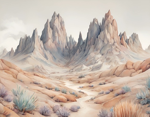 painting of a desert scene with a mountain range in the background