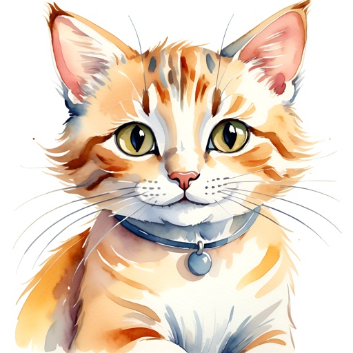 a watercolor painting of a cat with a collar