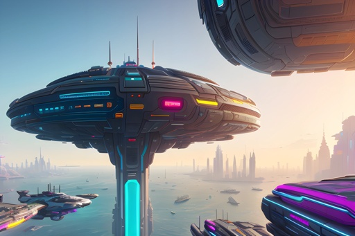 futuristic city with a futuristic flying saucer and a futuristic ship