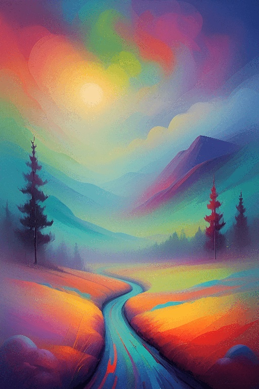 painting of a colorful landscape with a stream running through it