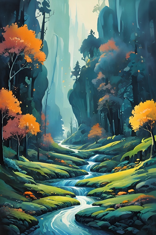 a painting of a stream running through a forest