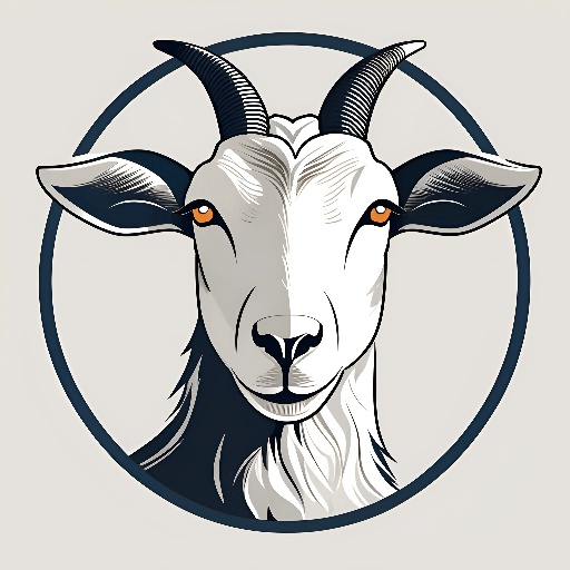 a goat with orange eyes in a circle