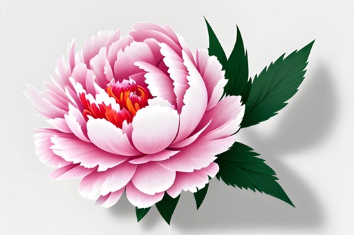 a pink flower with green leaves on a white background