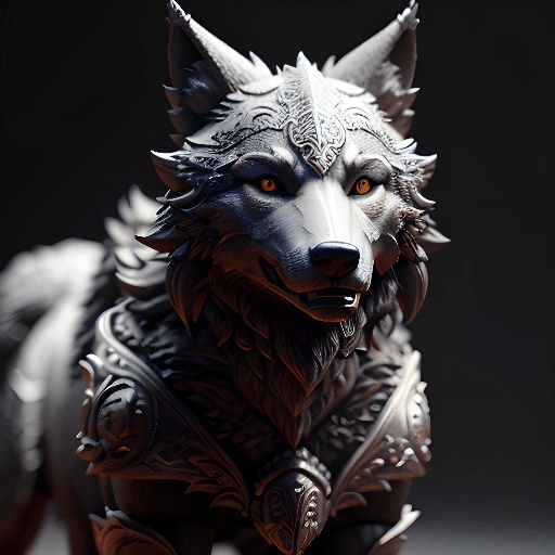 statue of a wolf with a large head and a large tail
