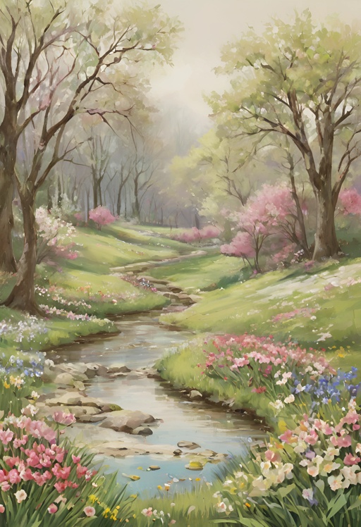 painting of a stream in a green field with flowers and trees