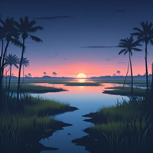 view of a river with palm trees and a sunset