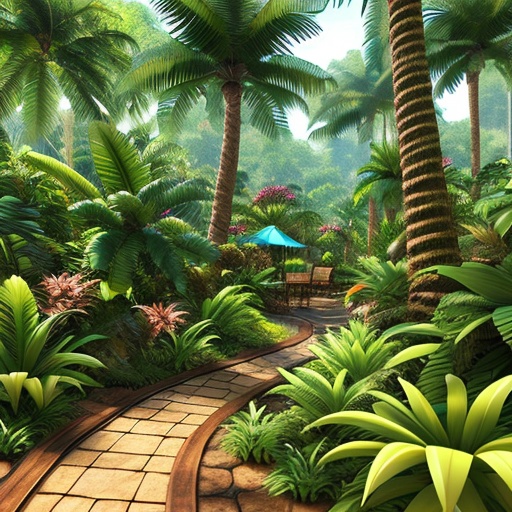 a view of a tropical garden with a pathway and palm trees