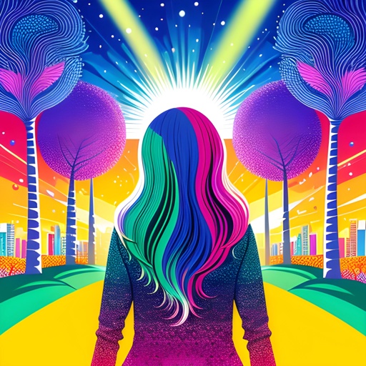 a woman with long hair and colorful hair standing in a park