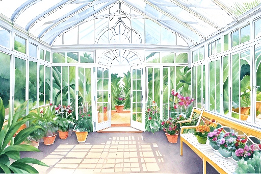 a painting of a sun room with a bench and potted plants