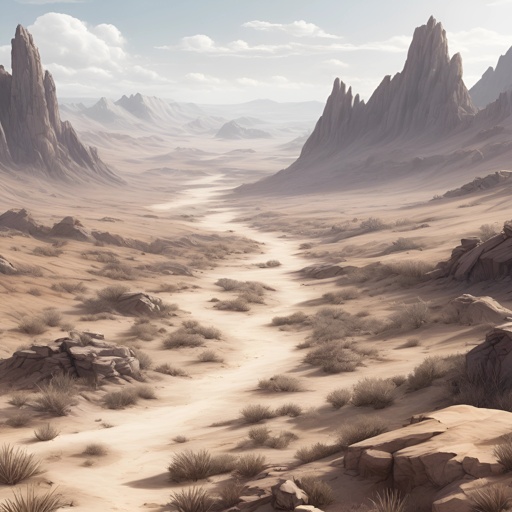 a desert scene with a dirt road in the middle