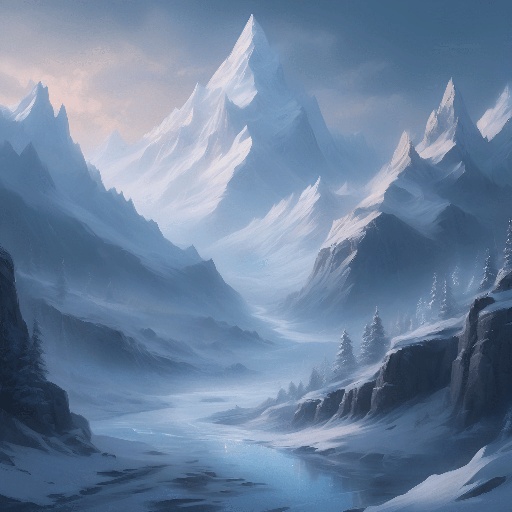 snowy mountain scene with a river and a mountain range
