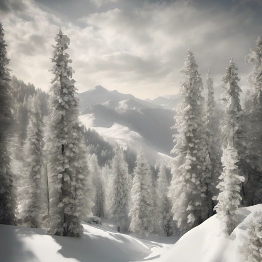 snowy trees in a forest with a mountain in the background