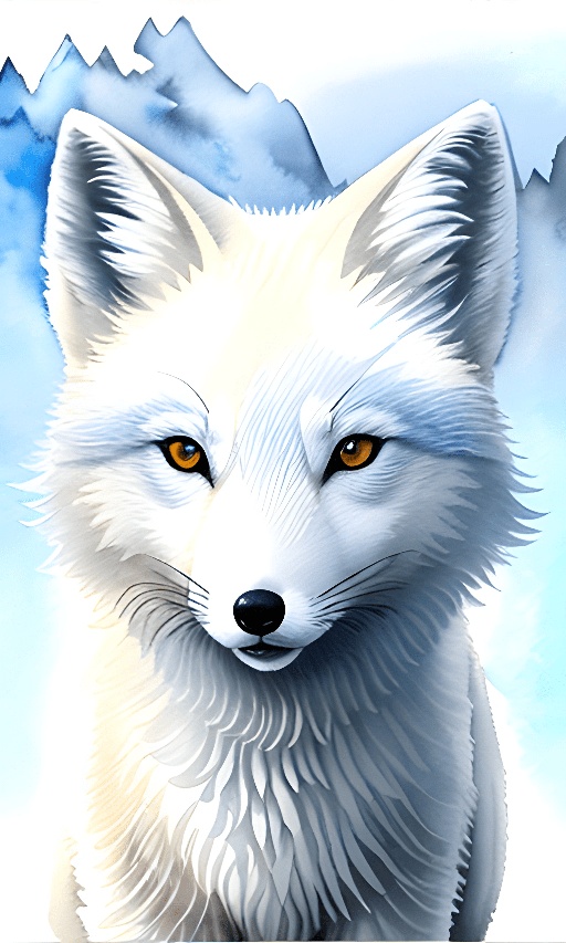 painting of a white fox with yellow eyes and mountains in the background