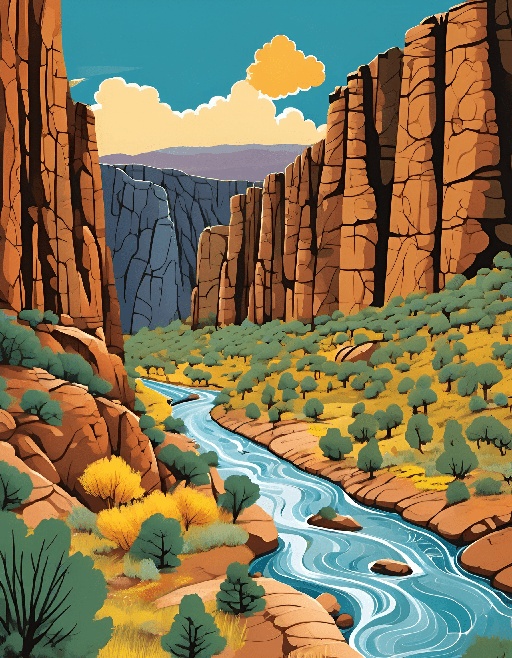 a painting of a river running through a canyon
