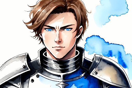 anime - style drawing of a man in armor with blue eyes