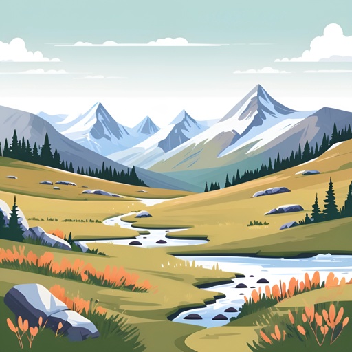 a mountain scene with a stream running through it
