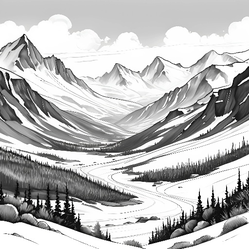 a black and white drawing of a mountain landscape with a river