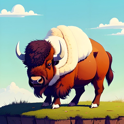cartoon bison standing on a cliff with a sky background