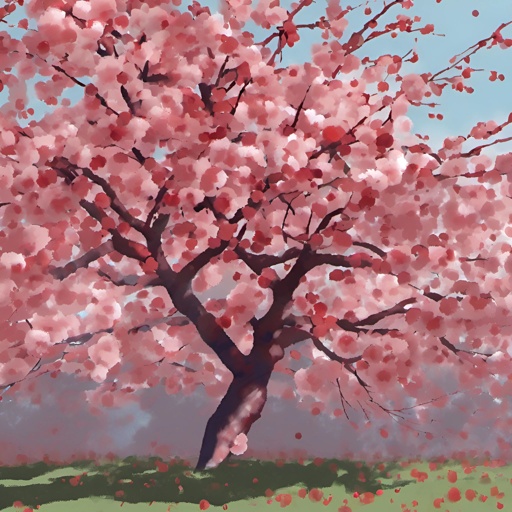 painting of a tree with pink flowers in a field