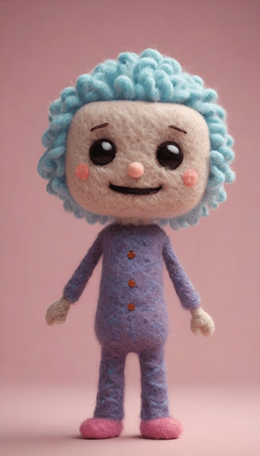 a close up of a stuffed toy with a blue wig