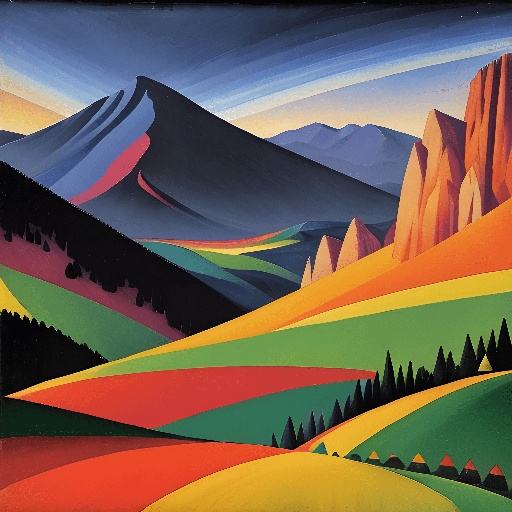 painting of a mountain scene with a colorful landscape and a sky