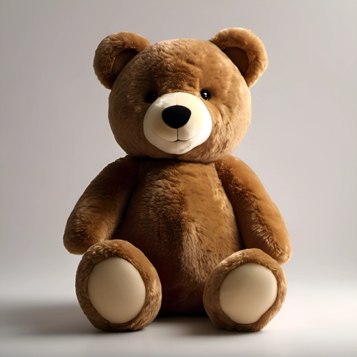 a large brown teddy bear sitting on a white surface