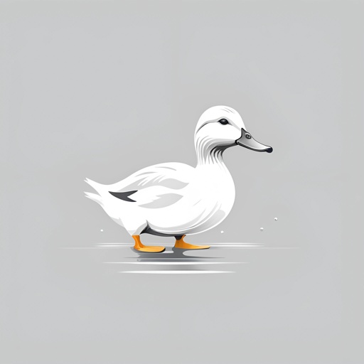 a white duck with a black beak and yellow feet