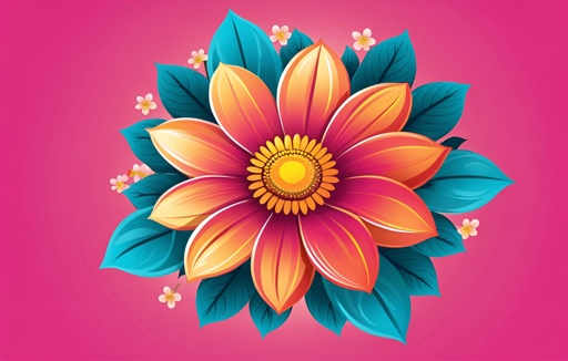 brightly colored flower with green leaves on pink background
