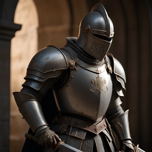 knight in full armor with sword and shield in front of a building