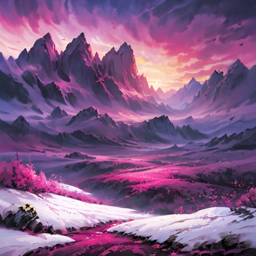 mountains with pink flowers in the foreground and a pink sky in the background