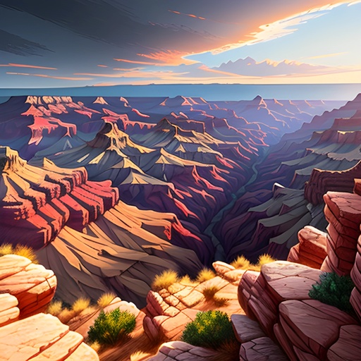 painting of a view of a canyon with a bird flying over it