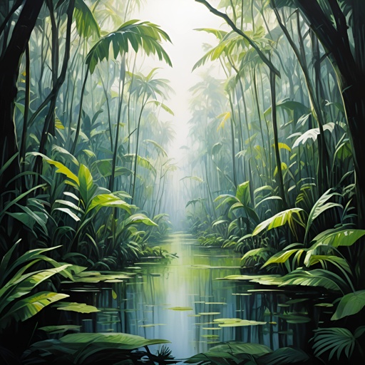 painting of a river in a tropical forest with palm trees