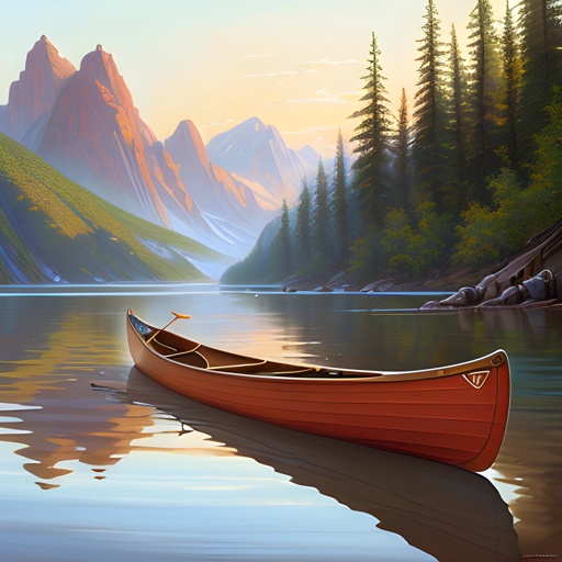 painting of a canoe on a lake with mountains in the background