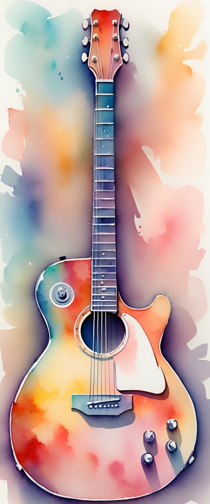 brightly colored guitar with a white fret and a black neck