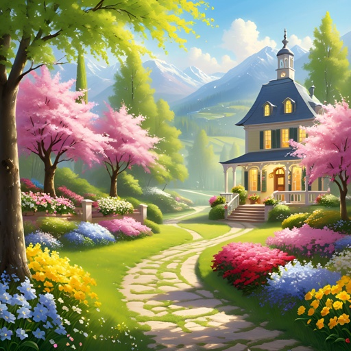 painting of a house in a garden with a pathway leading to it
