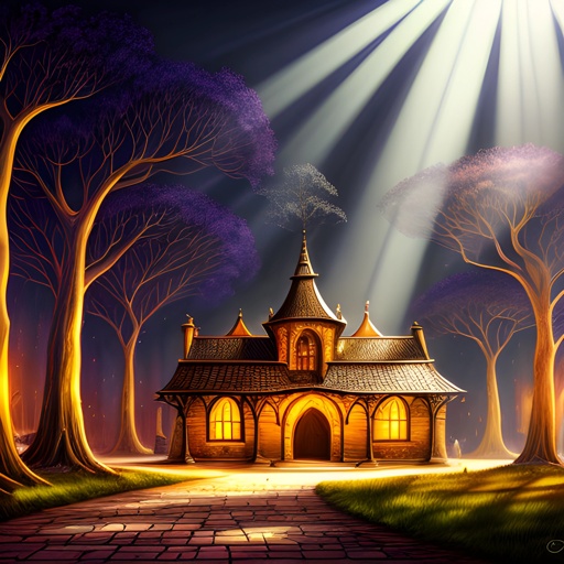 a painting of a house in the woods with a light shining