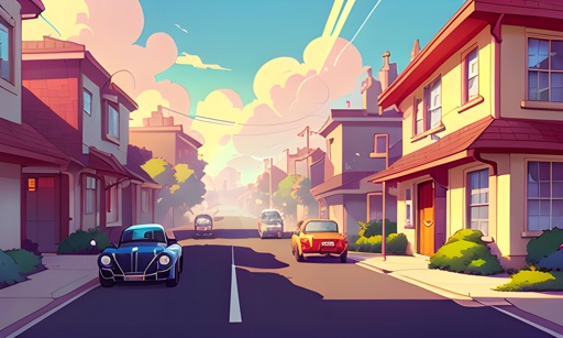 cartoon illustration of a street scene with cars driving down the road