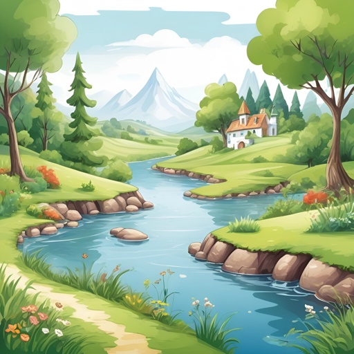 cartoon illustration of a beautiful green landscape with a river and a house