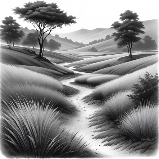 a black and white painting of a river running through a field