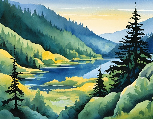 painting of a mountain scene with a lake and pine trees