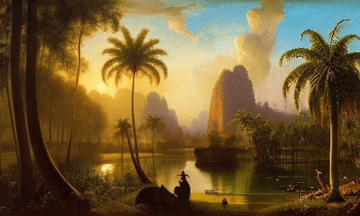 painting of a man and woman sitting on a bench in a tropical setting