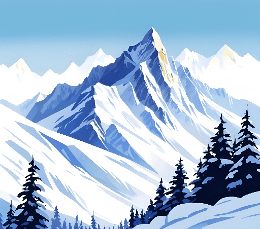 snowy mountain scene with pine trees and a blue sky