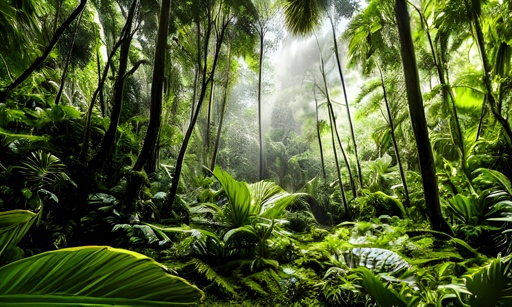 view of a tropical jungle with tall trees and lush vegetation