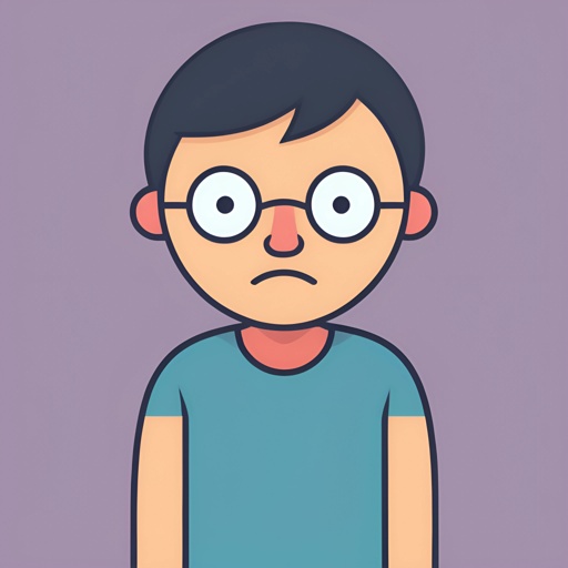 cartoon man with glasses and a blue shirt with a sad look
