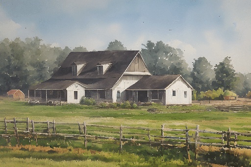 painting of a farm with a barn and a fence in the foreground