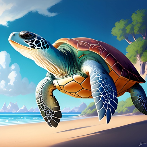 painting of a turtle on a beach with a blue sky and clouds