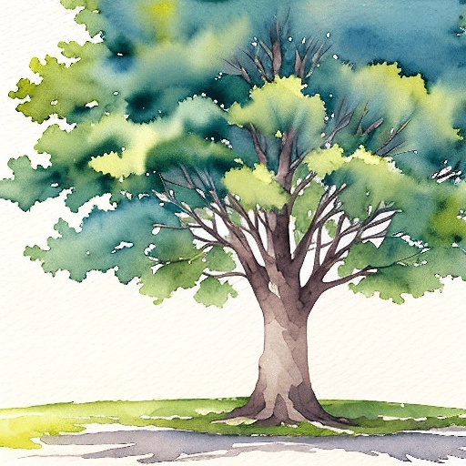 a watercolor painting of a tree with a bench