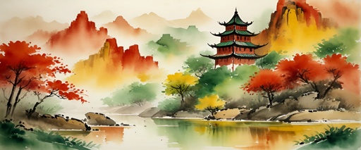 painting of a pagoda in a mountain landscape with a river
